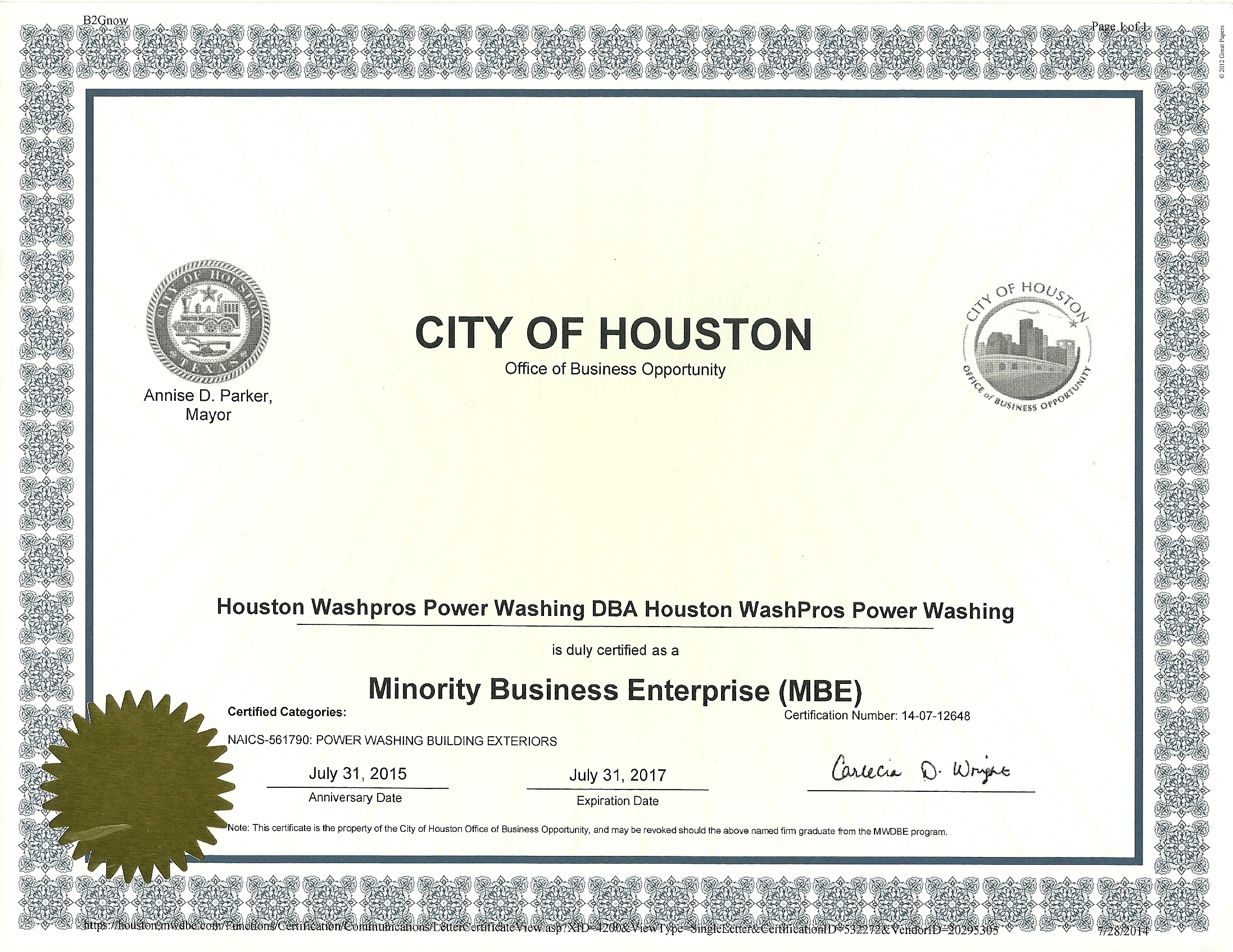 MBE Certification for Houston Washpros Pressure Washing Houston